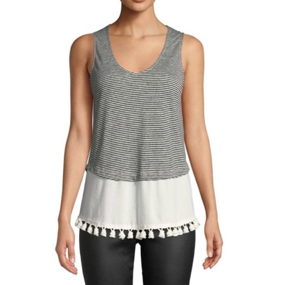 Derek Lam 10 Crosby NWT sleeveless white black‎ striped tank top tiered pom pom